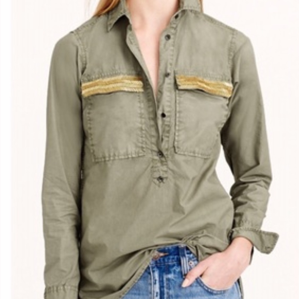 J Crew Beaded Chevron Army Green Popover Shirt 0